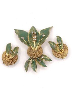 Vintage 1965 Hobe Green Leaves Gold Tone Mesh Crystal Brooch Earring Set